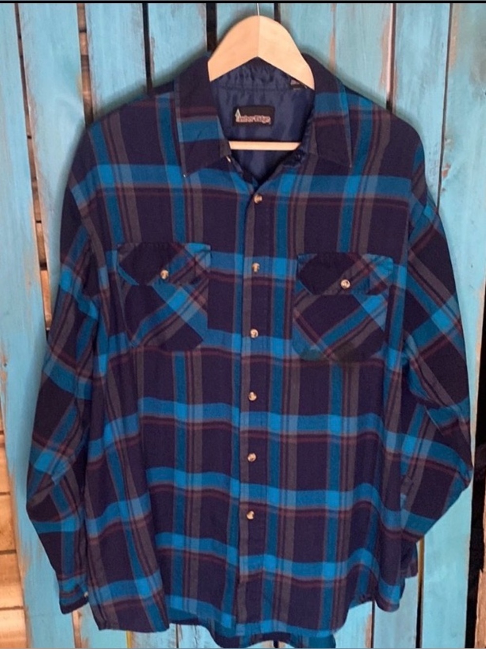 Vintage 90s Timber Ridge plaid acrylic shirt size XL blues red and tan